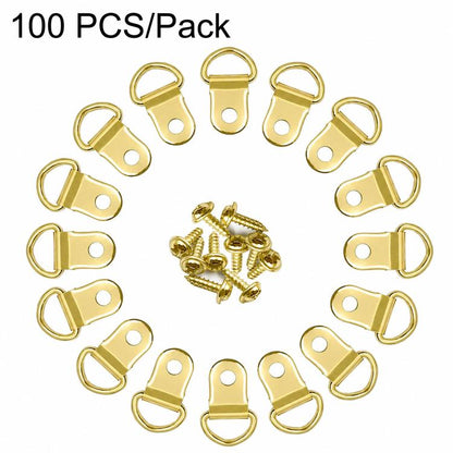 Gold single-hole D-ring picture hanger hooks with screws, 100 pcs pack