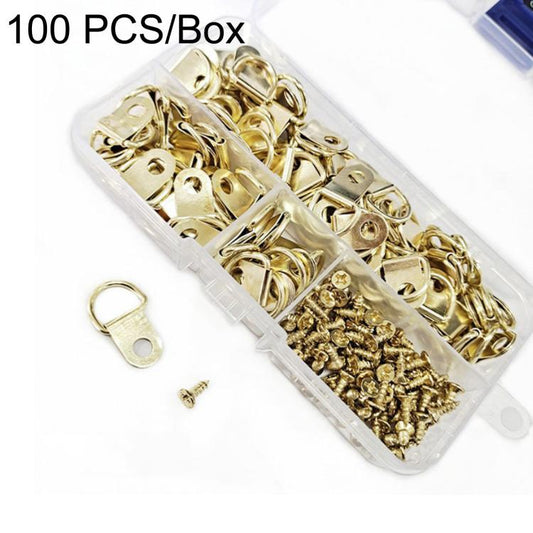 Gold D-ring picture hanger hooks and screws in clear 100 pcs box