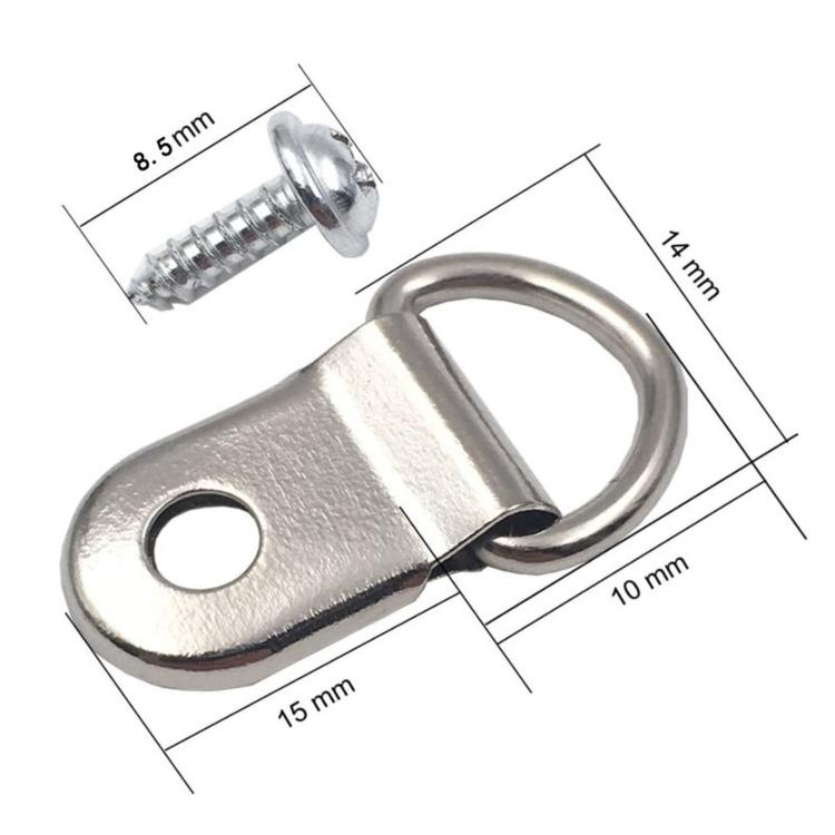Silver D-ring picture hanger hook with mounting screw, size measurements
