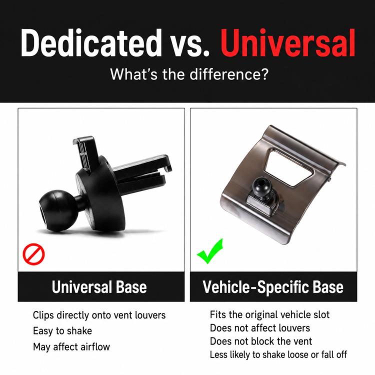 Car phone holder base comparison: universal vent clip vs vehicle-specific base