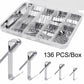 Silver picture frame hanging hooks and nails set in clear organizer, 136 pcs