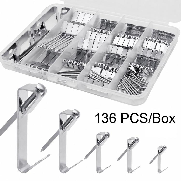 Silver picture frame hanging hooks and nails set in clear organizer, 136 pcs