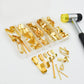 Gold picture hanging hooks and nails kit in clear box with hardware pieces