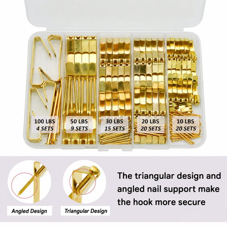 Gold 136-piece picture hanging hook set in divided organizer with weight labels