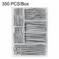 Silver picture hanging nails assortment kit, 350-count box with mixed nail sizes