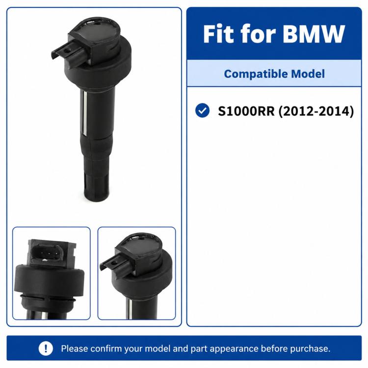 Black ignition coil with top electrical connector, three-quarter view with side details.