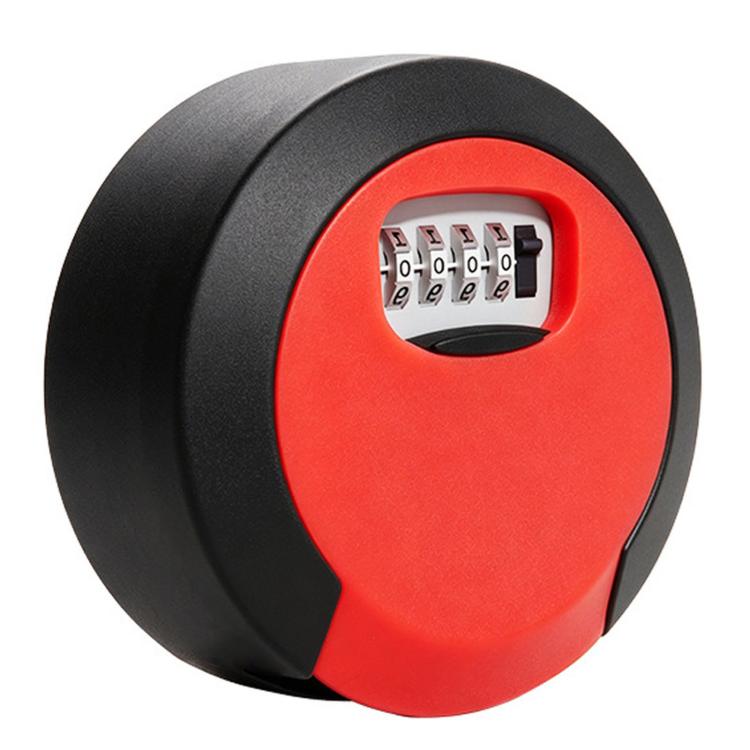 Red circular 4-digit combination key lock box with black keypad cover.