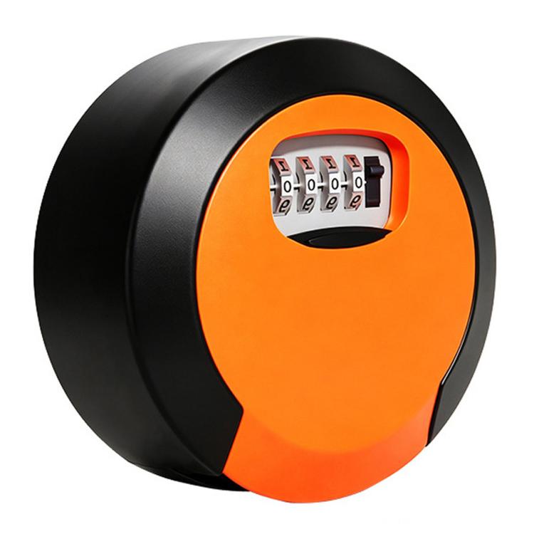 Orange circular 4-digit combination key lock box with black keypad cover.