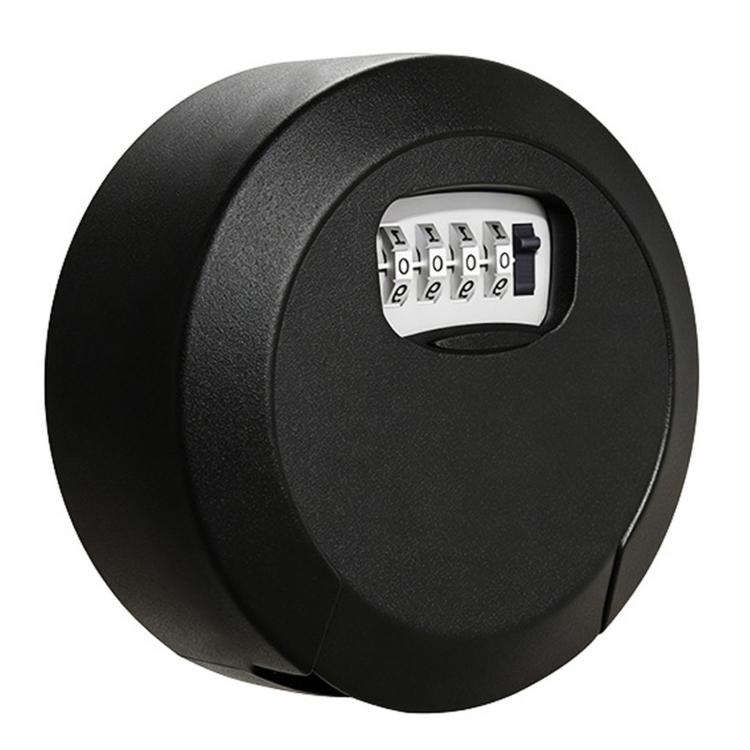 Black circular 4-digit combination key lock box with built-in keypad.
