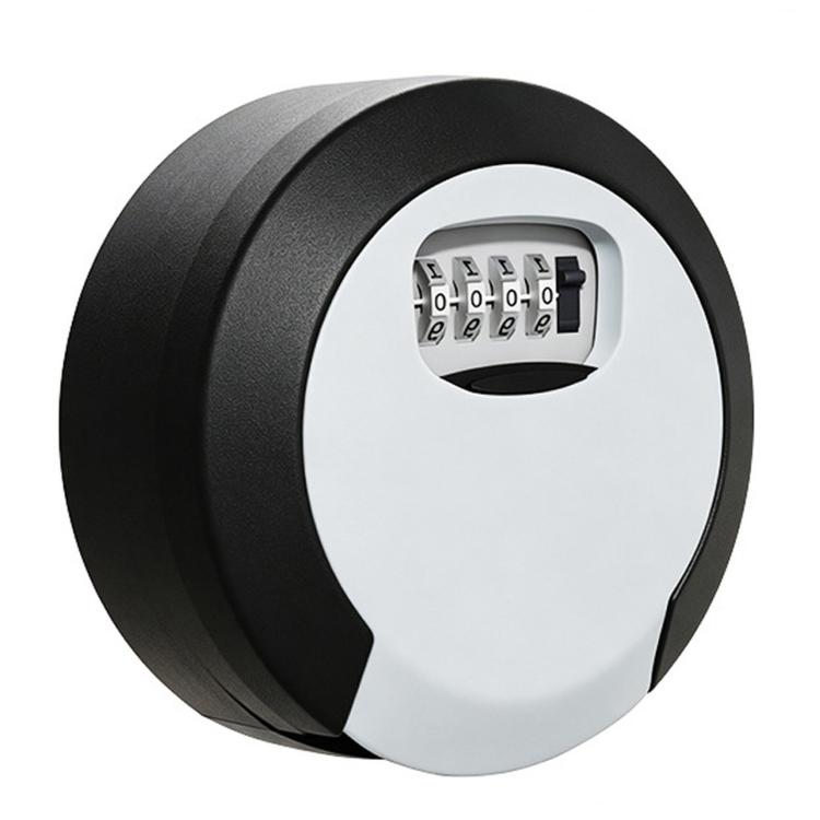 White circular 4-digit combination key lock box with black keypad cover.