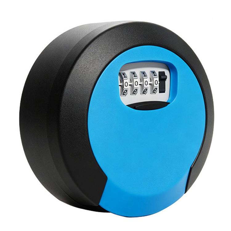 Blue circular 4-digit combination key lock box with black keypad cover.