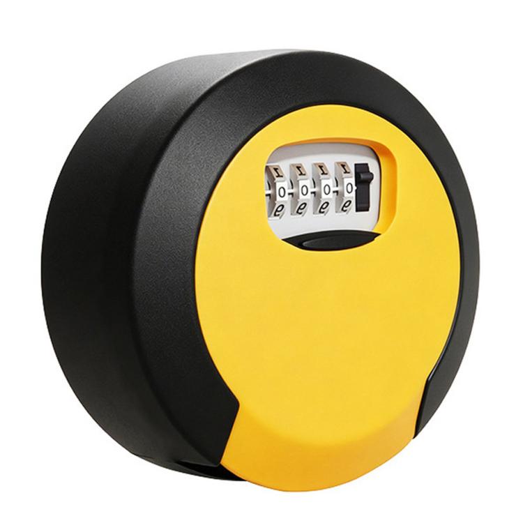 Yellow circular 4-digit combination key lock box with black keypad cover.