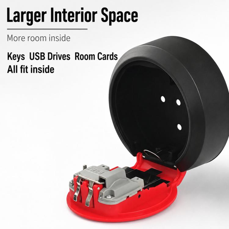 Open red circular key lock box showing 4-digit keypad and inner storage compartment.