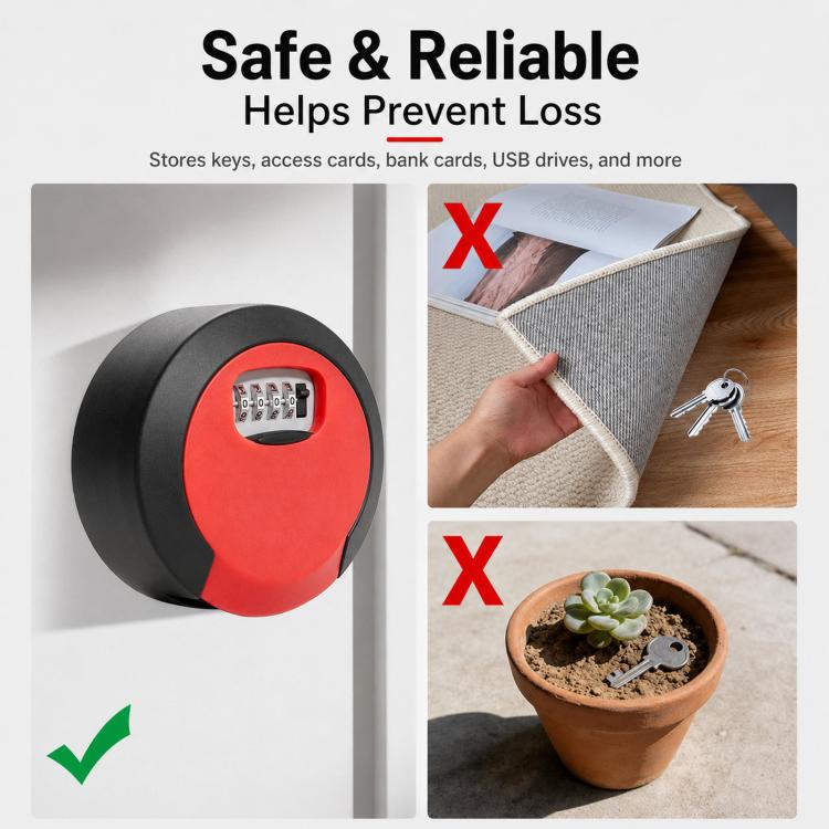 Oversized circular key lock box with 4-digit combination dial and waterproof design, red/black.
