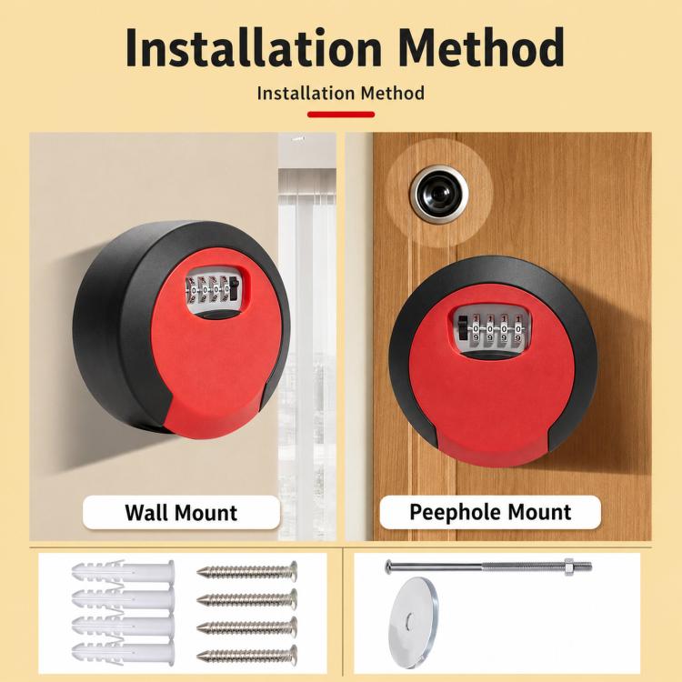 Circular key lock box with wall and peep-hole mounting options, red/black 4-digit keypad.
