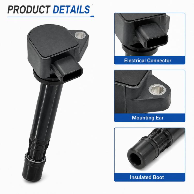 Ignition coil showing electrical connector, mounting ear, and insulated boot