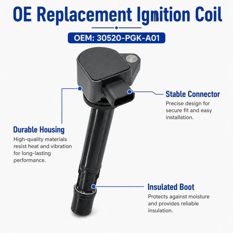 Ignition coil with mounting ear, stable connector, and insulated boot