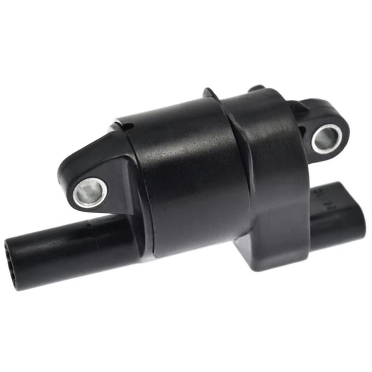 Black ignition coil with side eyelet and molded electrical connector housing