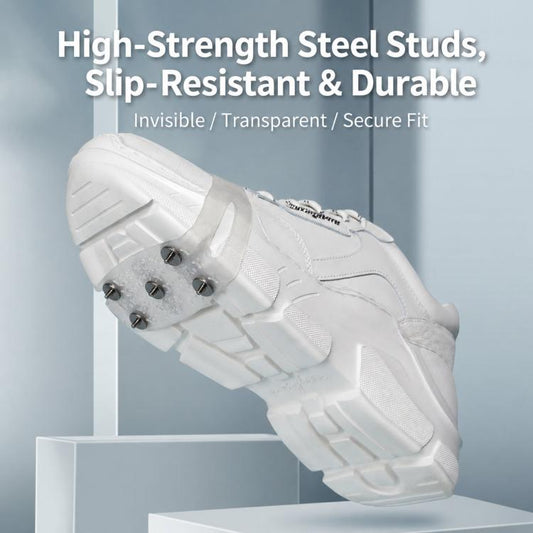 White shoe with ice cleat grippers featuring 5 metal studs on the sole