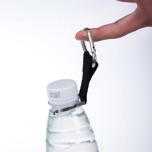 Black nylon bottle holder clip with metal hook, strap loops around bottle neck
