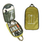 Camping utensil set in fabric case with green lining and stainless utensils