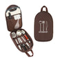Camping utensil set in brown fabric case with stainless tools and utensil slots