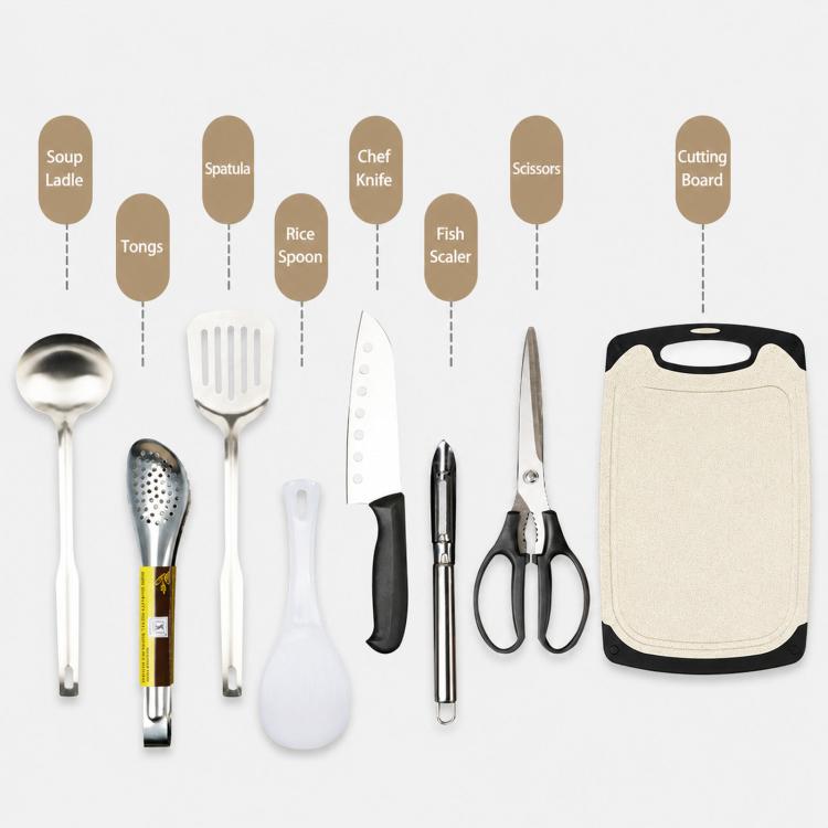 Assorted camping utensils set with ladle, spatula, chef knife, scissors, and cutting board