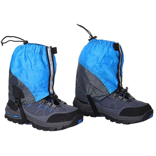 Bright blue and dark gray waterproof boot shoe covers with drawstring tops and straps