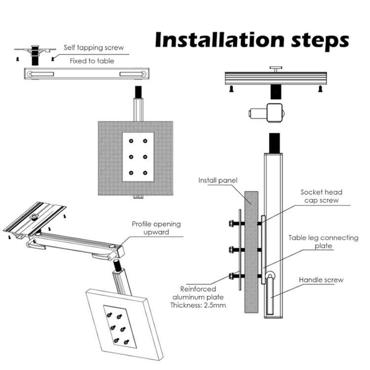 Installation steps diagram for telescopic table leg bracket with connecting plate