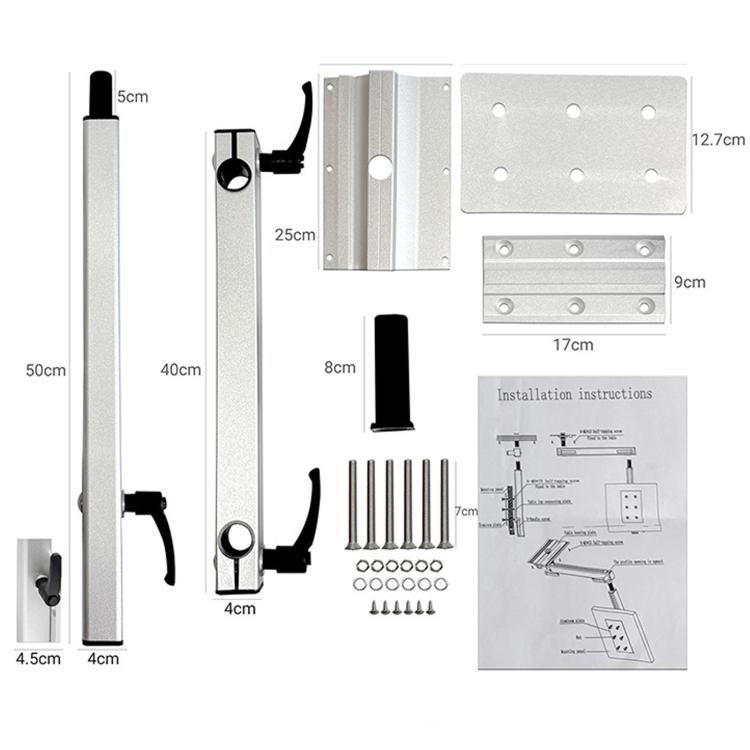 Silver telescopic table leg bracket kit with mounting plates, bolts, and instructions