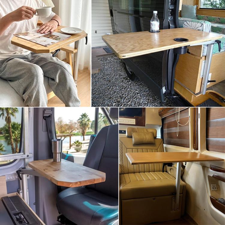 Telescopic table leg support bracket installed under an RV dining table