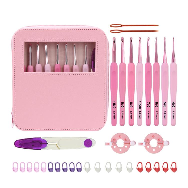 Pink crochet hook set with soft handles, aluminum hooks, plus stitch markers and case