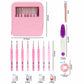 Crochet hook set with pink storage case and multiple hook sizes shown in diagram