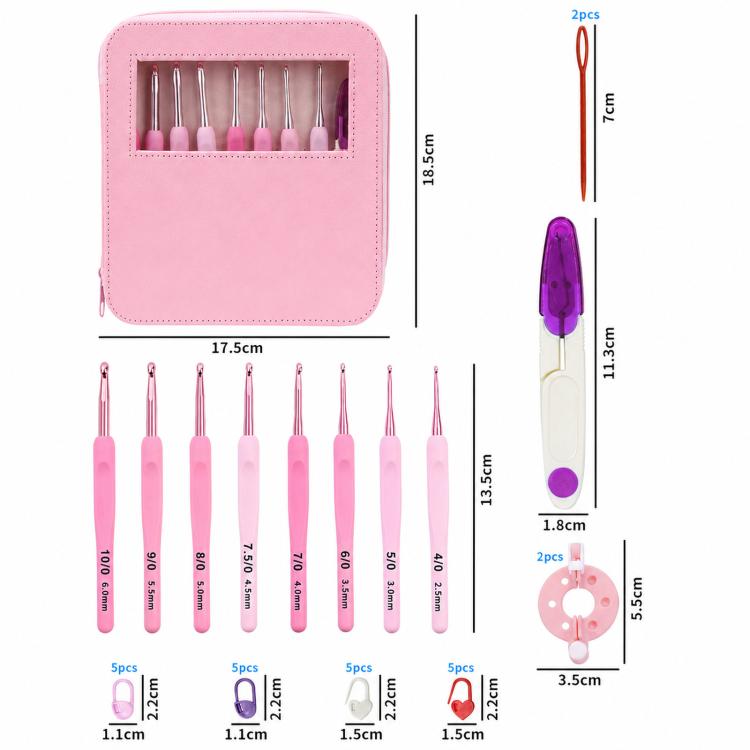 Crochet hook set with pink storage case and multiple hook sizes shown in diagram