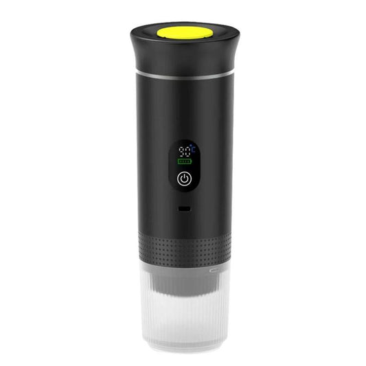Black handheld capsule coffee maker with LED display and power button