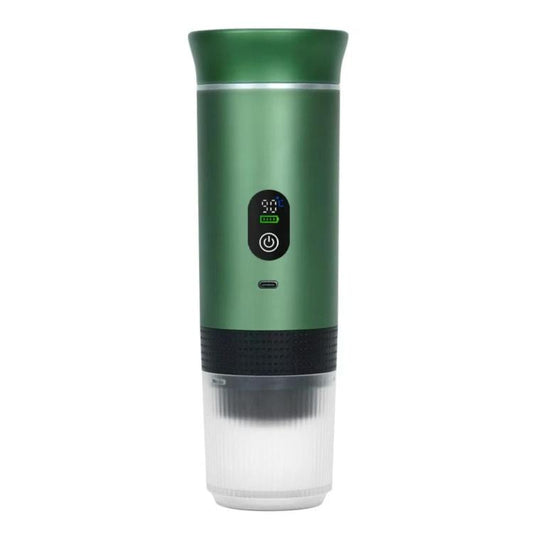Green handheld capsule coffee maker with LED display and power button