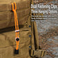 Orange bungee tie-down strap clipped to a tan backpack front pocket with fastener points
