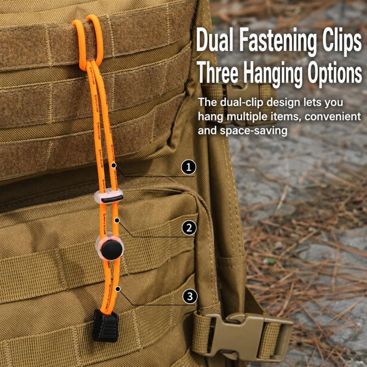 Orange bungee tie-down strap clipped to a tan backpack front pocket with fastener points