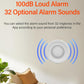 Tuya WiFi sensor with loud 100dB alarm speaker grille and sound waves illustration
