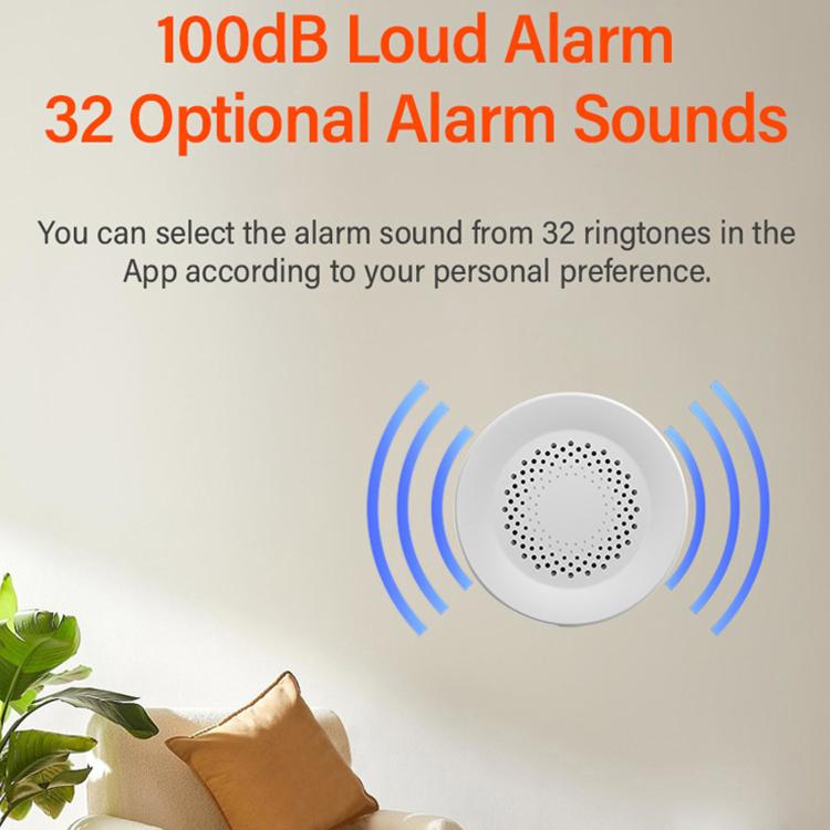 Tuya WiFi sensor with loud 100dB alarm speaker grille and sound waves illustration