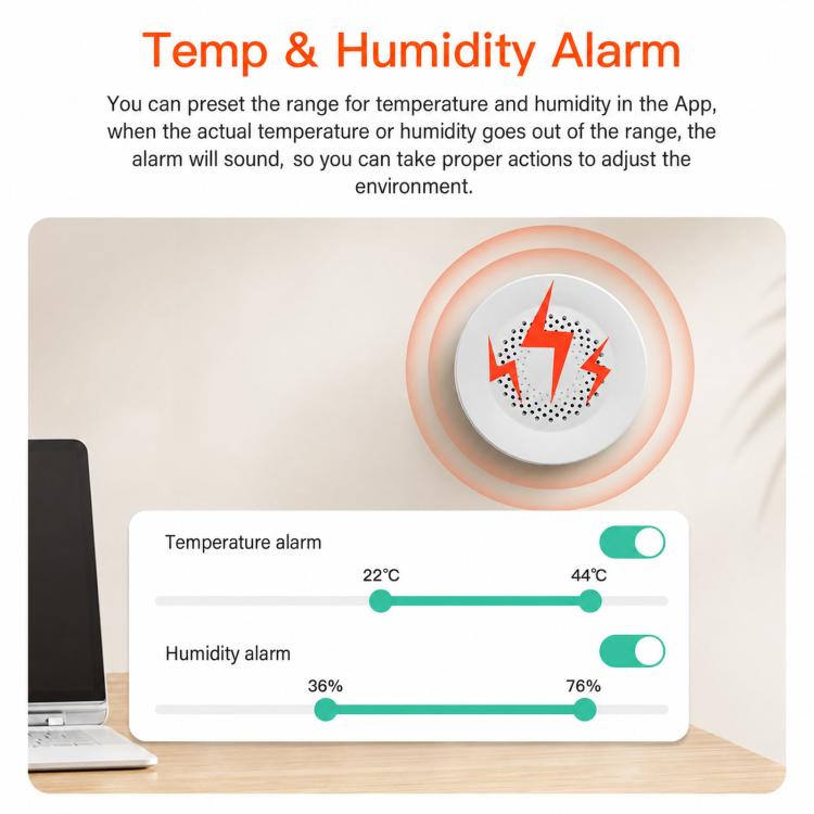 Tuya WiFi sensor temp and humidity alarm range settings on app screen