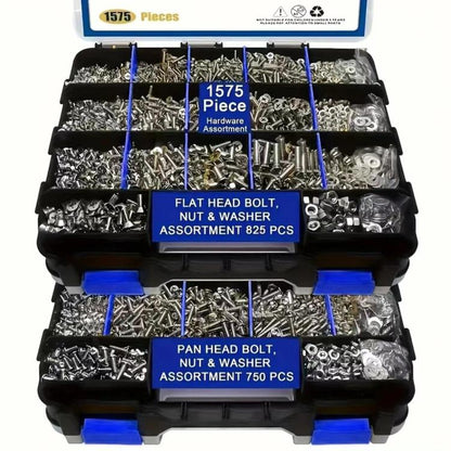 Stainless steel screw, nut, and washer assortment in black organizer with blue accents