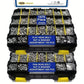 Stainless steel screw, nut, and washer assortment in black organizer with yellow accents