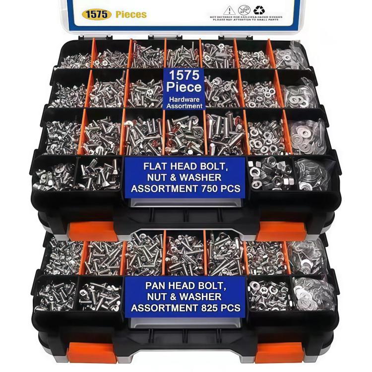 Stainless steel screw, nut, and washer assortment in black organizer with orange accents