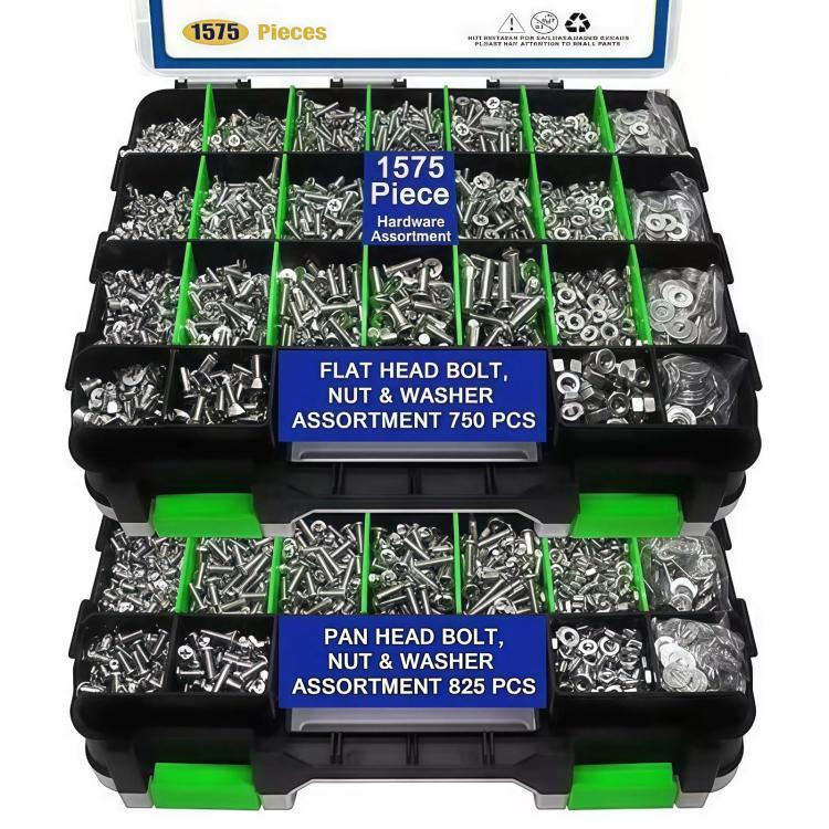Stainless steel screw, nut, and washer assortment in black organizer with green accents
