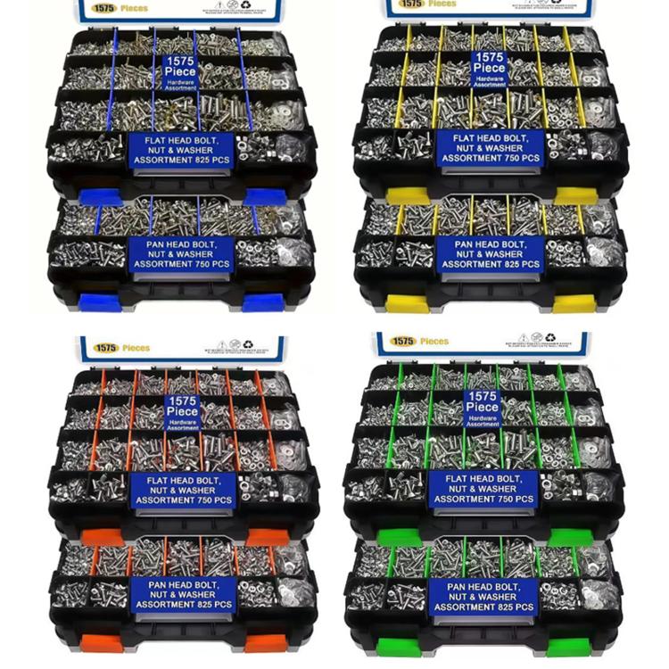 Stainless steel screw, nut, and washer kit shown in multiple color-coded organizers
