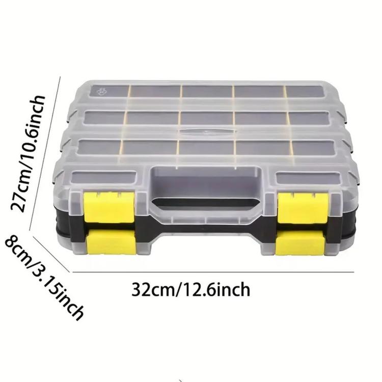 Gray plastic hardware organizer with yellow latches and labeled dimensions