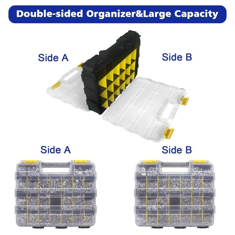Double-sided hardware organizer with black top module and labeled Side A and Side B