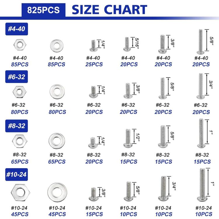 825-piece size chart showing screw and washer sizes with quantities