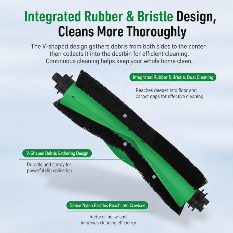 Robot vacuum main brush replacement, green and black dual bristle roller